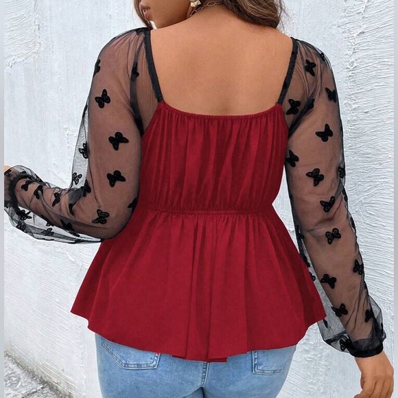 Sold! SHEIN Curve 2XL Red Babydoll Top Butterfly Mesh Sleeves Valentine Date - Picture 2 of 10
